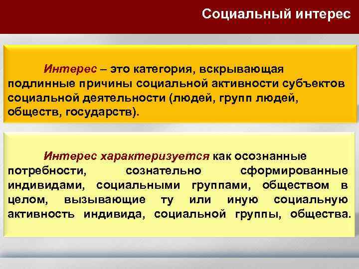 Социальный интерес Интерес – это категория, вскрывающая подлинные причины социальной активности субъектов социальной деятельности