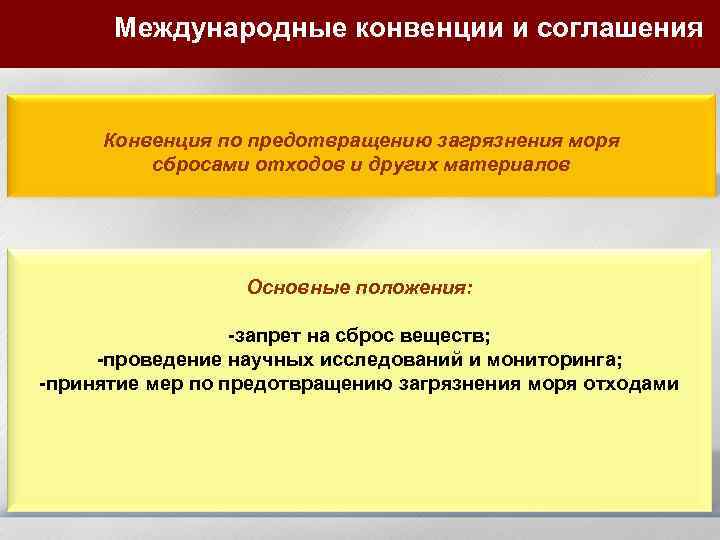 Международные конвенции и соглашения Конвенция по предотвращению загрязнения моря сбросами отходов и других материалов