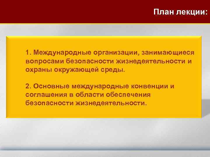 План лекции: 1. Международные организации, занимающиеся вопросами безопасности жизнедеятельности и охраны окружающей среды. 2.