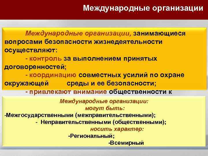 Международные организации, занимающиеся вопросами безопасности жизнедеятельности осуществляют: - контроль за выполнением принятых договоренностей; -