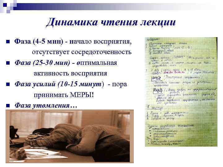 Динамика чтения лекции n n Фаза (4 -5 мин) - начало восприятия, отсутствует сосредоточенность