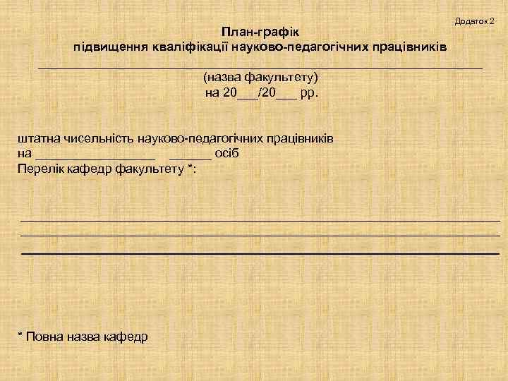 Додаток 2 План-графік підвищення кваліфікації науково-педагогічних працівників ________________________________ (назва факультету) на 20___/20___ рр. штатна