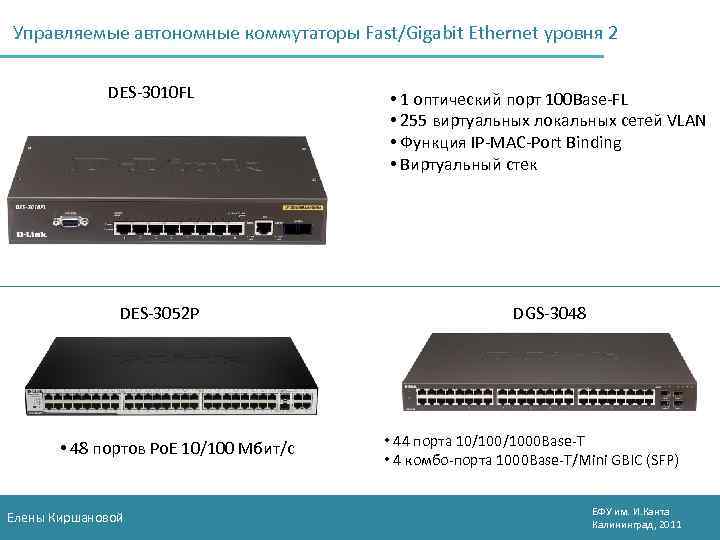 Управляемые автономные коммутаторы Fast/Gigabit Ethernet уровня 2 DES-3010 FL DES-3052 P • 48 портов