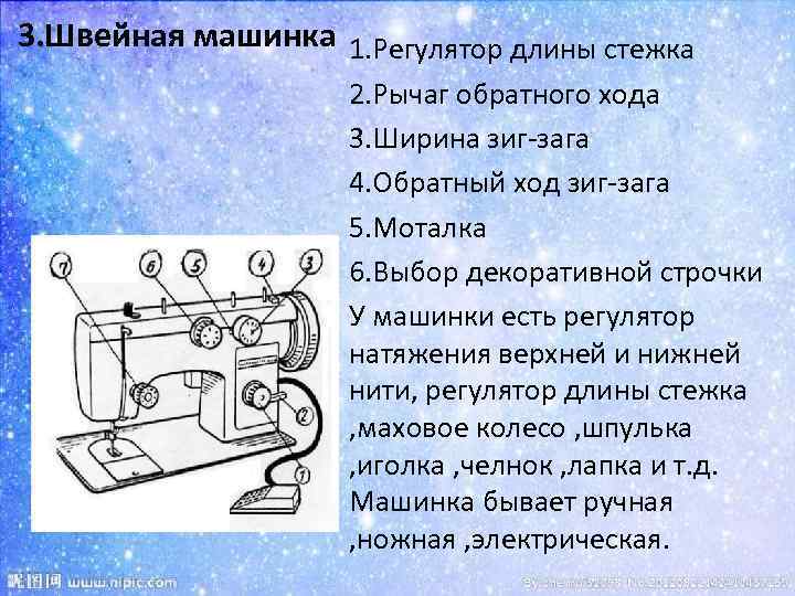 3. Швейная машинка 1. Регулятор длины стежка 2. Рычаг обратного хода 3. Ширина зиг-зага