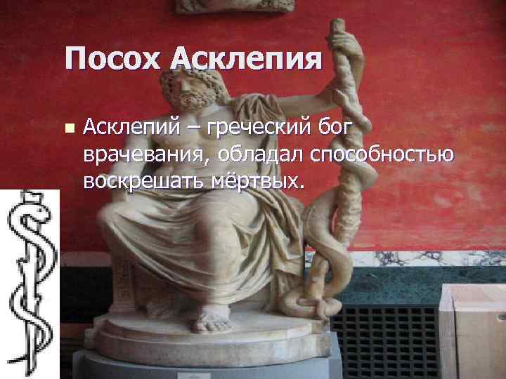 Посох Асклепия n Асклепий – греческий бог врачевания, обладал способностью воскрешать мёртвых. 