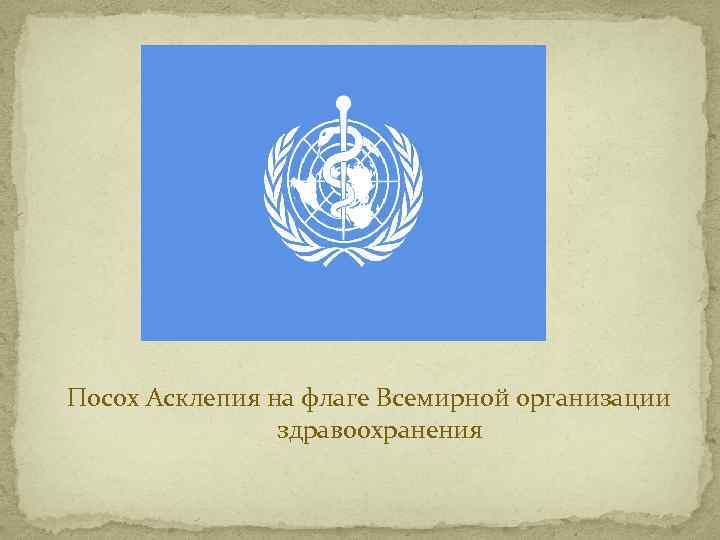 Посох Асклепия на флаге Всемирной организации здравоохранения 