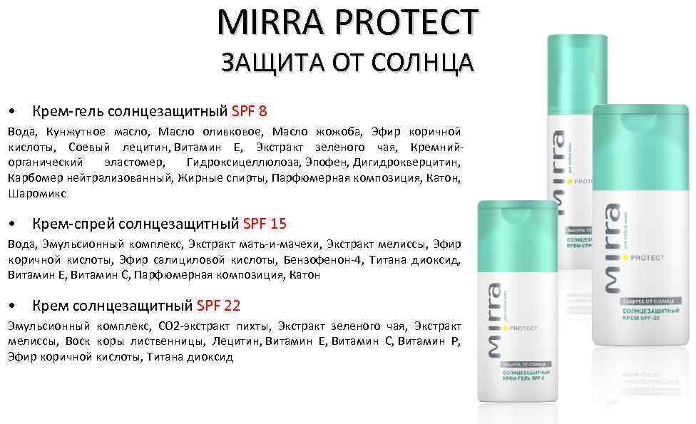 MIRRA PROTECT ЗАЩИТА ОТ СОЛНЦА • Крем-гель солнцезащитный SPF 8 Вода, Кунжутное масло, Масло