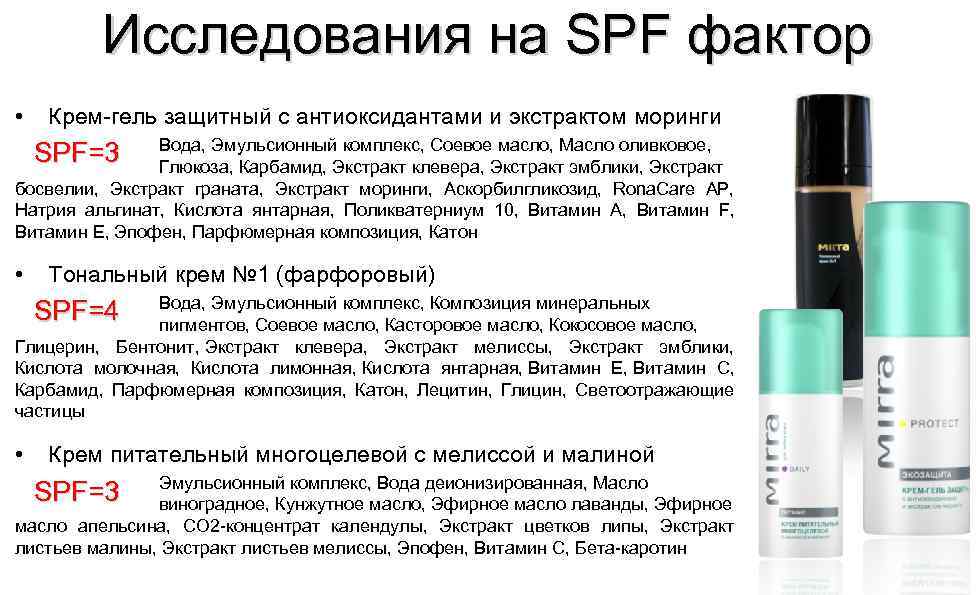 Исследования на SPF фактор • Крем-гель защитный с антиоксидантами и экстрактом моринги Вода, Эмульсионный