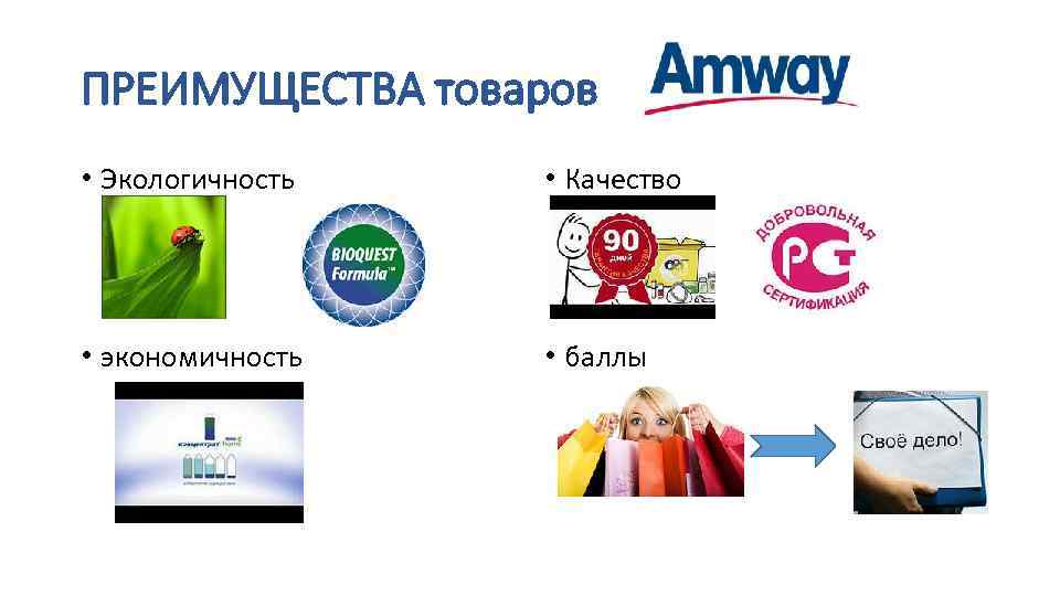 ПРЕИМУЩЕСТВА товаров • Экологичность • Качество • экономичность • баллы 