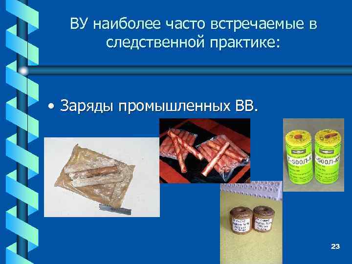 ВУ наиболее часто встречаемые в следственной практике: • Заряды промышленных ВВ. 23 