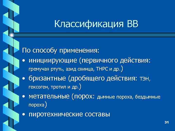 Классификация ВВ По способу применения: • инициирующие (первичного действия: гремучая ртуть, азид свинца, ТНРС