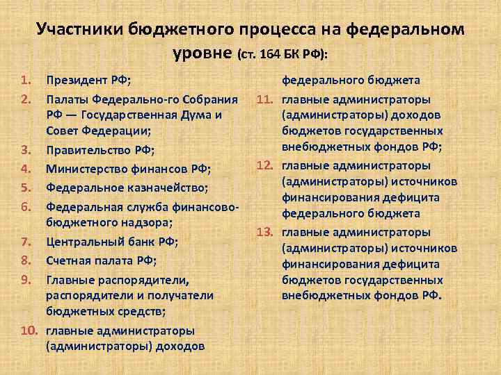 Участники бюджетного процесса на федеральном уровне (ст. 164 БК РФ): 1. 2. Президент РФ;