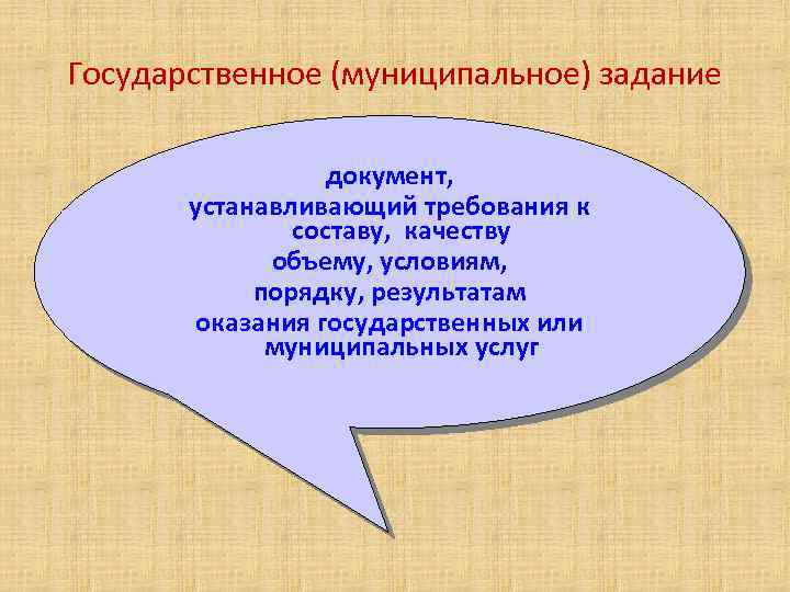 Государственное (муниципальное) задание документ, устанавливающий требования к составу, качеству объему, условиям, порядку, результатам оказания