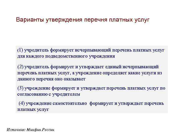  Варианты утверждения перечня платных услуг (1) учредитель формирует исчерпывающий перечень платных услуг для