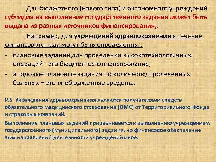 Для бюджетного (нового типа) и автономного учреждений субсидия на выполнение государственного задания может быть