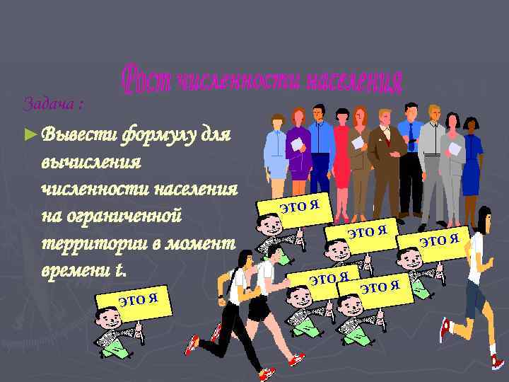 Задача : ► Вывести формулу для вычисления численности населения на ограниченной территории в момент