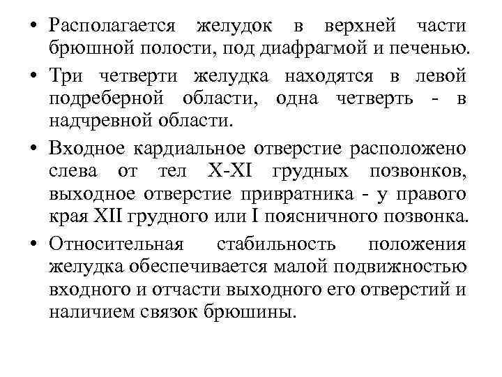  • Располагается желудок в верхней части брюшной полости, под диафрагмой и печенью. •
