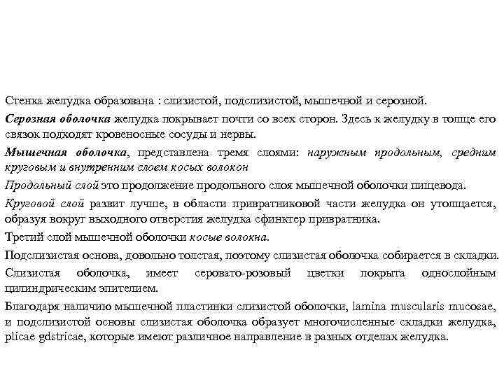 Стенка желудка образована : слизистой, подслизистой, мышечной и серозной. Серозная оболочка желудка покрывает почти