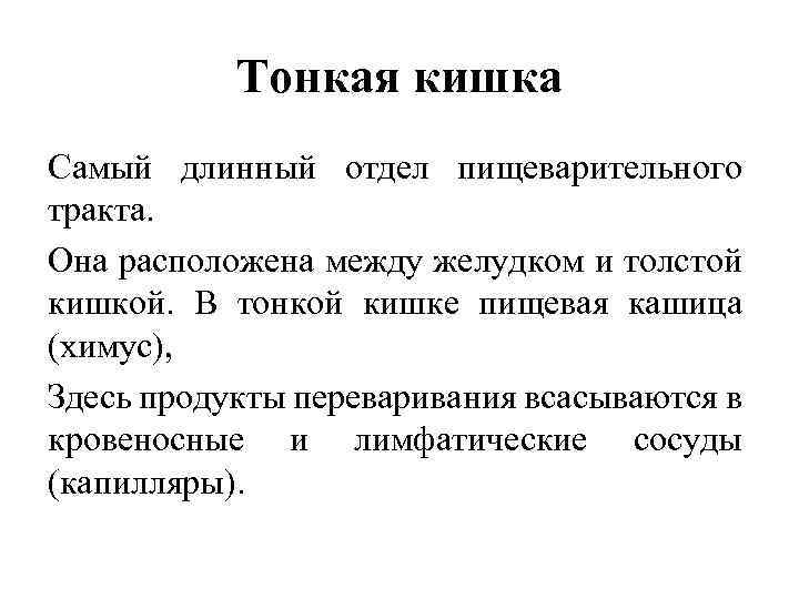 Тонкая кишка Самый длинный отдел пищеварительного тракта. Она расположена между желудком и толстой кишкой.