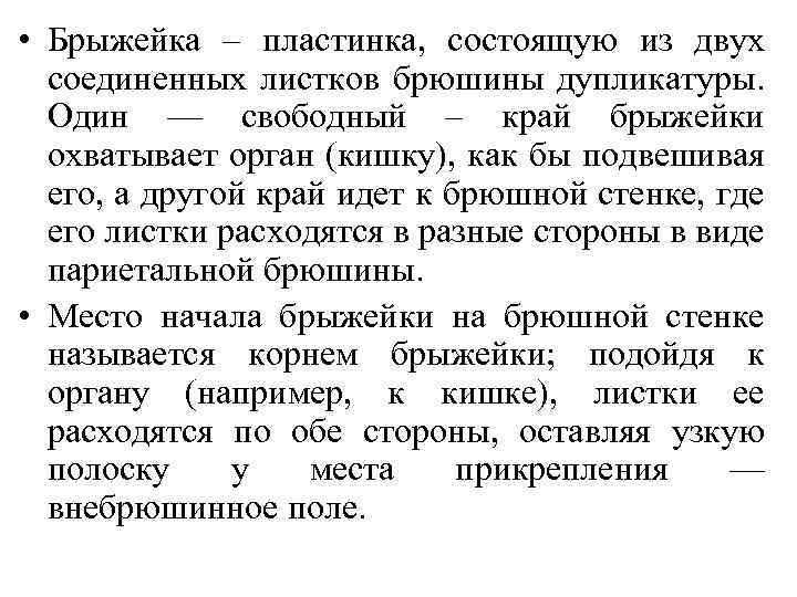  • Брыжейка – пластинка, состоящую из двух соединенных листков брюшины дупликатуры. Один —