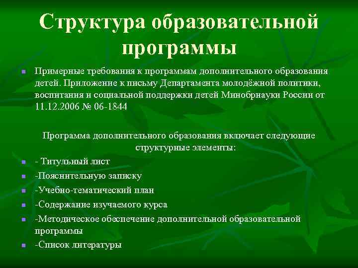 Структура образовательной программы n n n n Примерные требования к программам дополнительного образования детей.