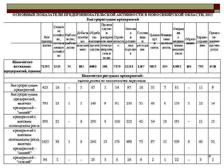 ОСНОВНЫЕ ПОКАЗАТЕЛИ ПРЕДПРИНИМАТЕЛЬСКОЙ АКТИВНОСТИ В НОВОСИБИРСКОЙ ОБЛАСТИ, 2013 Быстрорастущие предприятий Произв Сельск Оптова Операц
