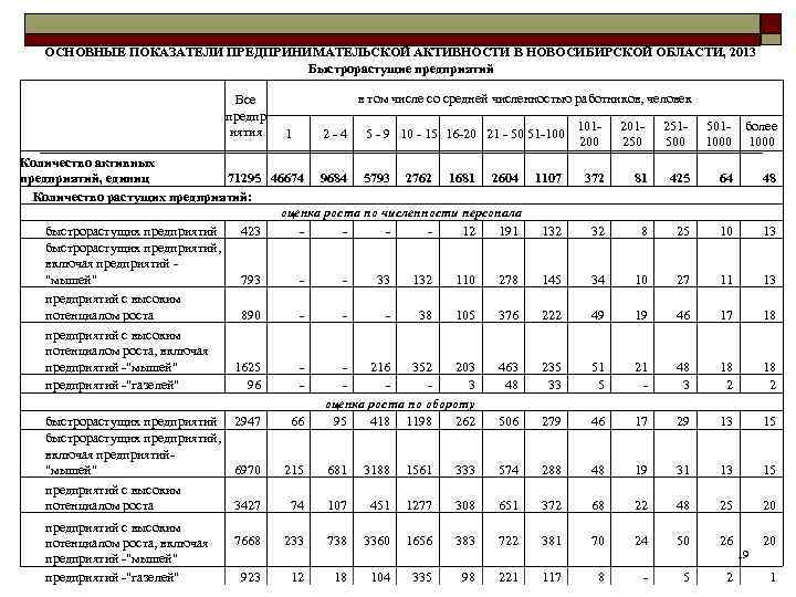 ОСНОВНЫЕ ПОКАЗАТЕЛИ ПРЕДПРИНИМАТЕЛЬСКОЙ АКТИВНОСТИ В НОВОСИБИРСКОЙ ОБЛАСТИ, 2013 Быстрорастущие предприятий Все предпр иятия в