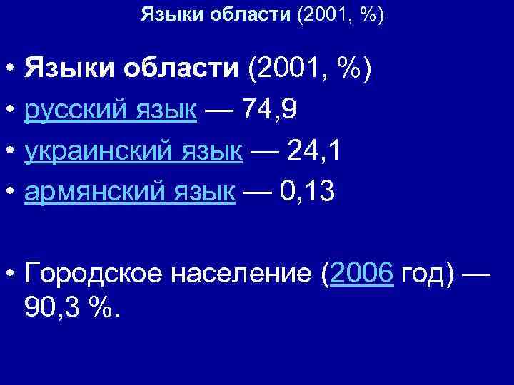 Языки области (2001, %) • • Языки области (2001, %) русский язык — 74,