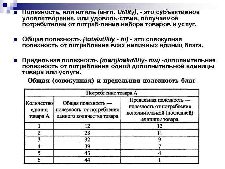 n Полезность, или ютиль (англ. Utility), - это субъективное удовлетворение, или удоволь ствие, получаемое