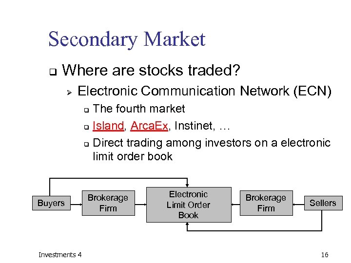 Secondary Market q Where are stocks traded? Ø Electronic Communication Network (ECN) The fourth