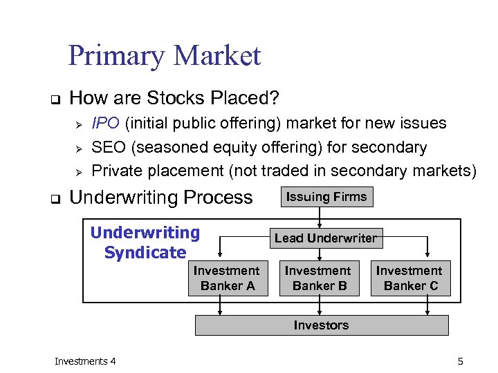 Primary Market q How are Stocks Placed? Ø Ø Ø q IPO (initial public