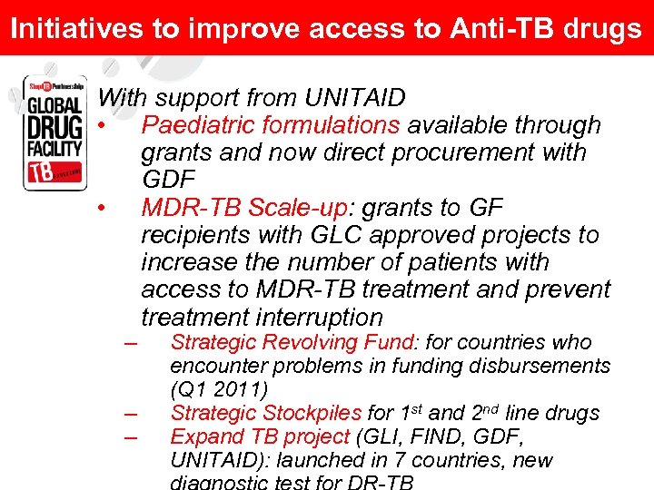 Initiatives to improve access to Anti-TB drugs With support from UNITAID • Paediatric formulations