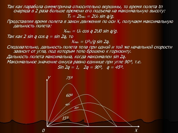 Так как парабола симметрична относительно вершины, то время полета tп снаряда в 2 раза