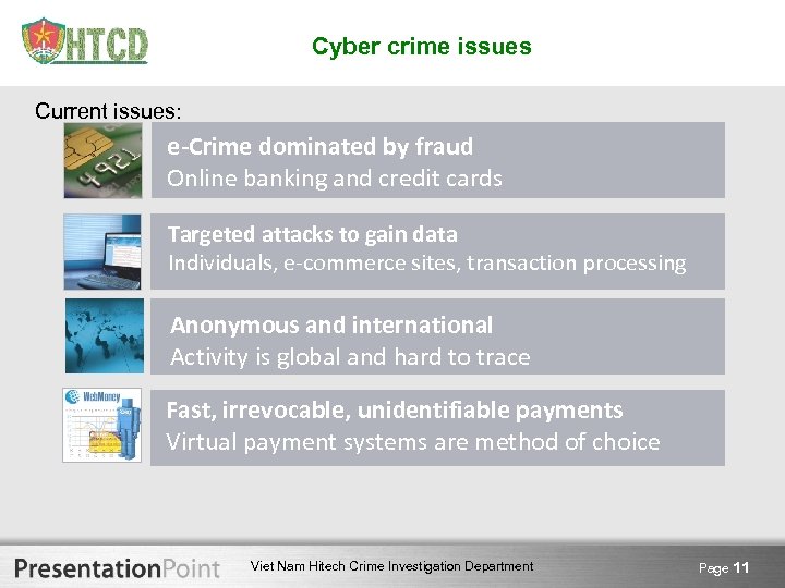 Cyber crime issues Current issues: e-Crime dominated by fraud Online banking and credit cards