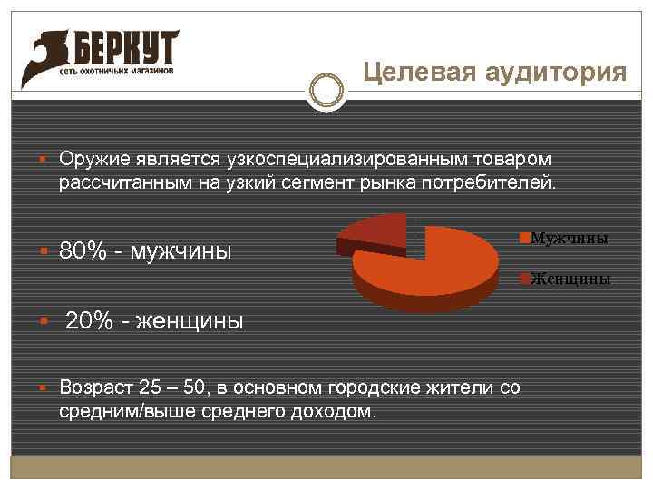 Целевая аудитория § Оружие является узкоспециализированным товаром рассчитанным на узкий сегмент рынка потребителей. §