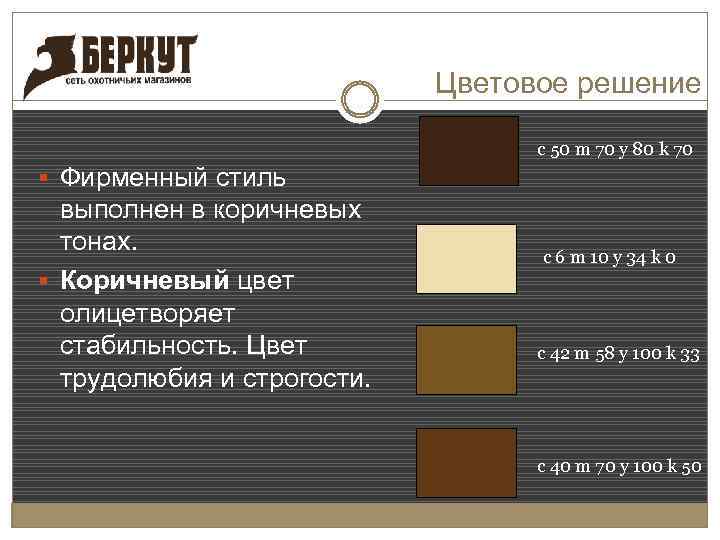 Цветовое решение с 50 m 70 y 80 k 70 § Фирменный стиль выполнен