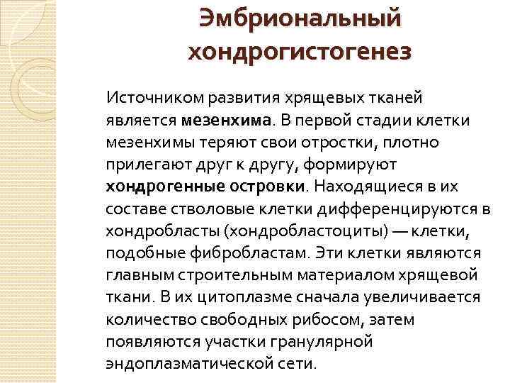 Эмбриональный хондрогистогенез Источником развития хрящевых тканей является мезенхима. В первой стадии клетки мезенхимы теряют