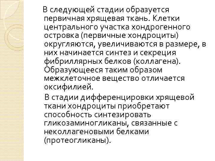 В следующей стадии образуется первичная хрящевая ткань. Клетки центрального участка хондрогенного островка (первичные хондроциты)