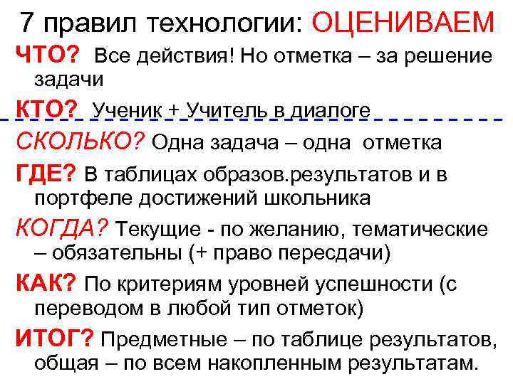 7 правил технологии: ОЦЕНИВАЕМ ЧТО? Все действия! Но отметка – за решение задачи КТО?