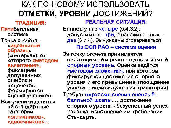 КАК ПО-НОВОМУ ИСПОЛЬЗОВАТЬ ОТМЕТКИ, УРОВНИ ДОСТИЖЕНИЙ? РЕАЛЬНАЯ СИТУАЦИЯ: ТРАДИЦИЯ: Баллов у нас четыре (5,