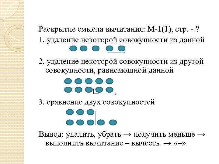 Раскрытие смысла вычитания: М-1(1), стр. - ? 1. удаление некоторой совокупности из данной ∟