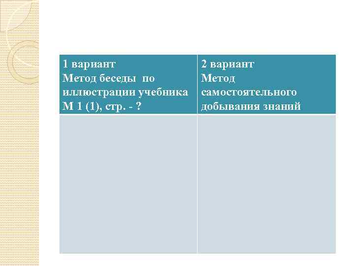 1 Заполните таблицу вариант 2 вариант Метод беседы по иллюстрации учебника М 1 (1),