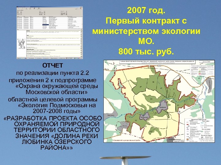 2007 год. Первый контракт с министерством экологии МО. 800 тыс. руб. ОТЧЕТ по реализации