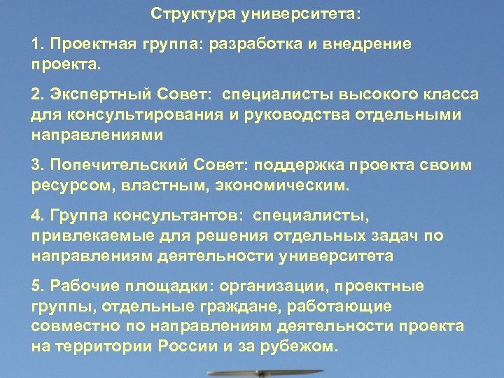 Структура университета: 1. Проектная группа: разработка и внедрение проекта. 2. Экспертный Совет: специалисты высокого