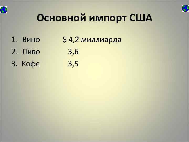 Основной импорт США 1. Вино 2. Пиво 3. Кофе $ 4, 2 миллиарда 3,