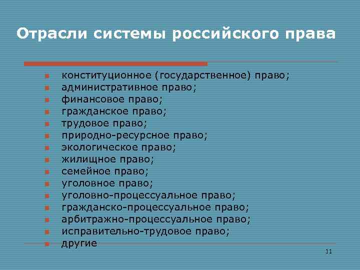 Отрасли системы российского права n n n n конституционное (государственное) право; административное право; финансовое