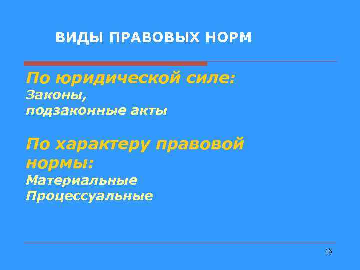 ВИДЫ ПРАВОВЫХ НОРМ По юридической силе: Законы, подзаконные акты По характеру правовой нормы: Материальные