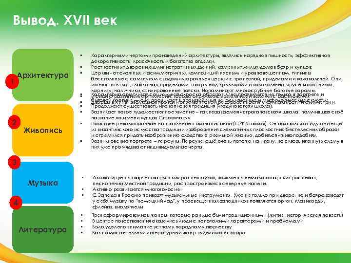 Вывод. XVII век • 1 Архитектура • • 2 Живопись • • Характерными чертами