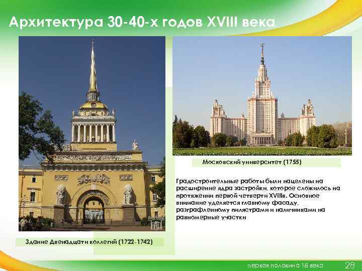 Архитектура 30 -40 -х годов XVIII века Московский университет (1755) Градостроительные работы были нацелены