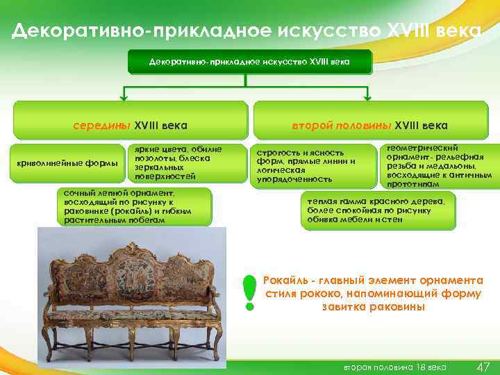 Декоративно-прикладное искусство XVIII века середины XVIII века криволинейные формы яркие цвета, обилие позолоты, блеска